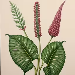 a painting of two flowers, one purple and one green,a painting of a tropical plant with flowers and leaves