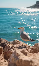 a bird standing on rocks near the ocean