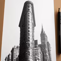 a drawing of a building sits on a clipboard