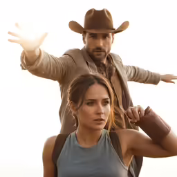 there is a man and woman standing together with one pointing up