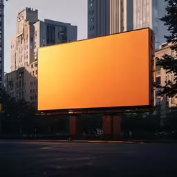a big sign sits in front of some tall buildings