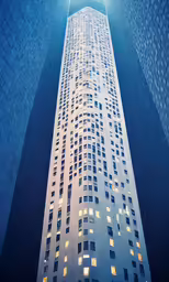 looking up at a very tall skyscraper tower at night