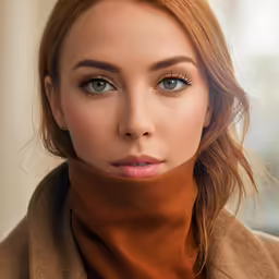 a woman wearing a brown scarf, and green eyes