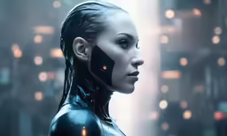 a young woman with a futuristic head, an eye patch and a dark sci - fil look