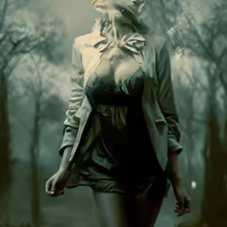 a girl with a hooded jacket and gas mask walks through the woods