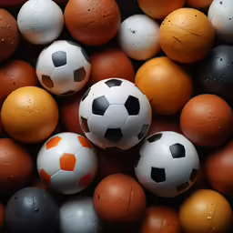 several white and brown balls all stacked up in a pile