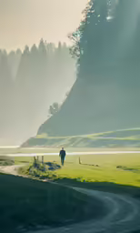 a lone man walking in the fog along a rural road