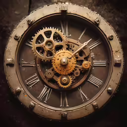 an old looking wall clock with many gears