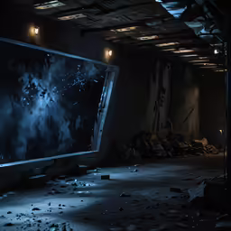 a room that has a huge screen hanging from the ceiling