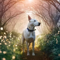 a white dog is standing in a park near trees