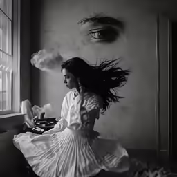 a woman with hair in a skirt and eyes