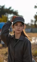 the young woman in gray jacket and hat is standing near a grassy field