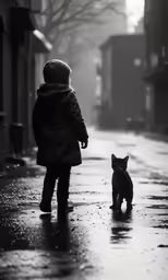 a little girl and a cat walking down a street in the rain