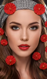 a woman with red flowers in her hair
