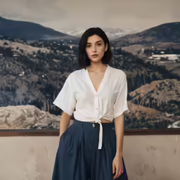a woman posing in front of the view