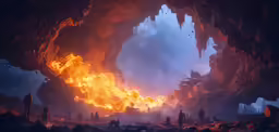 a fire burning inside of a cave filled with lots of fire
