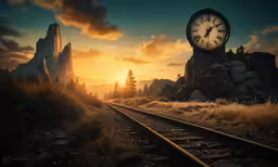a lone train tracks with a clock on one end