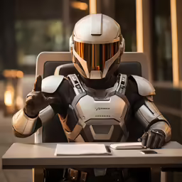a person sitting at a table in armor