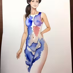 a painting of a woman in a colorful dress,a watercolor and ink portrait of a girl with multiple shades