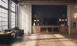 a living room with large windows, tv and table