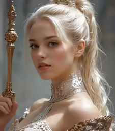 the young blonde woman wearing a golden dress is holding a decorative handle
