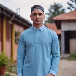 a man in blue shirt and black cap posing for the camera