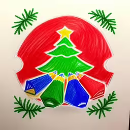 a drawing of a christmas tree with ornaments around it,christmas card with hand painted colorful umbrellas,a drawing of christmas tree with three presents,a drawing of a christmas tree decorated with colored gifts,drawing of a christmas tree on top of bags