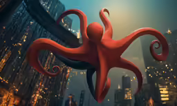 an animated giant octopus with a man standing outside the city in a futuristic setting