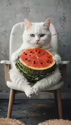 a cat sitting in a chair with a slice of watermelon