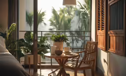 a balcony with a small table with two tea pots on it, and a vase of flowers