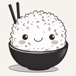 a plate with rice and chopsticks, one with eyes, smiles for the camera