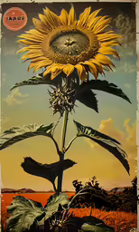 a painting of a yellow sunflower against a sky background