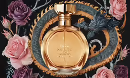 perfume bottle on a black and gold table next to pink roses
