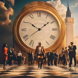 group of people standing around a large gold clock