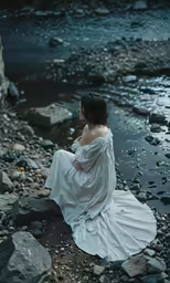 woman sitting on the shore with her back to camera