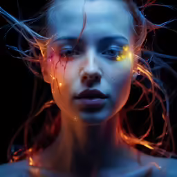a woman with long hair and neon lights on her face