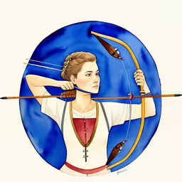 a woman aiming with her bow and arrow at something,an illustration of a woman aiming with an archery bow and arrow