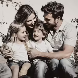 a black and white photo of two adults and three children