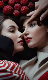 two women with bright red lipstick in a photo collage