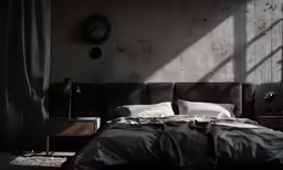 a bedroom with gray walls and bed and pillow