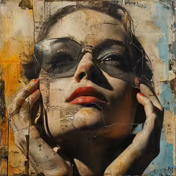 a portrait of a woman is painted on a wall,a woman with large sunglasses standing in front of a graffiti wall