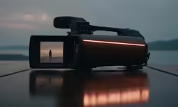 a small video camera with a man walking out of it
