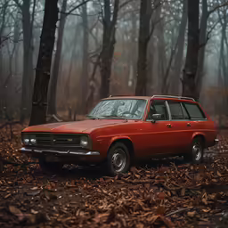 an older model car parked in the middle of a wooded area