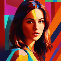 a painting of a woman in a blue dress with red hair,a portrait of a woman wearing glasses with geometric abstract background