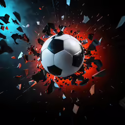 a soccer ball hitting an area with black and red glass shards