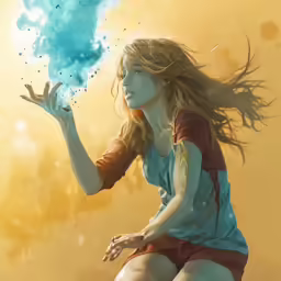 girl sitting down with blue paint on her hair