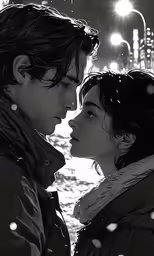 a couple are kissing on a snowy day