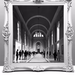 an ornate frame hanging from the wall over a hallway