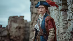 a woman in a pirate costume next to some rocks