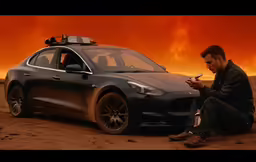 the man is smoking on the ground next to a car